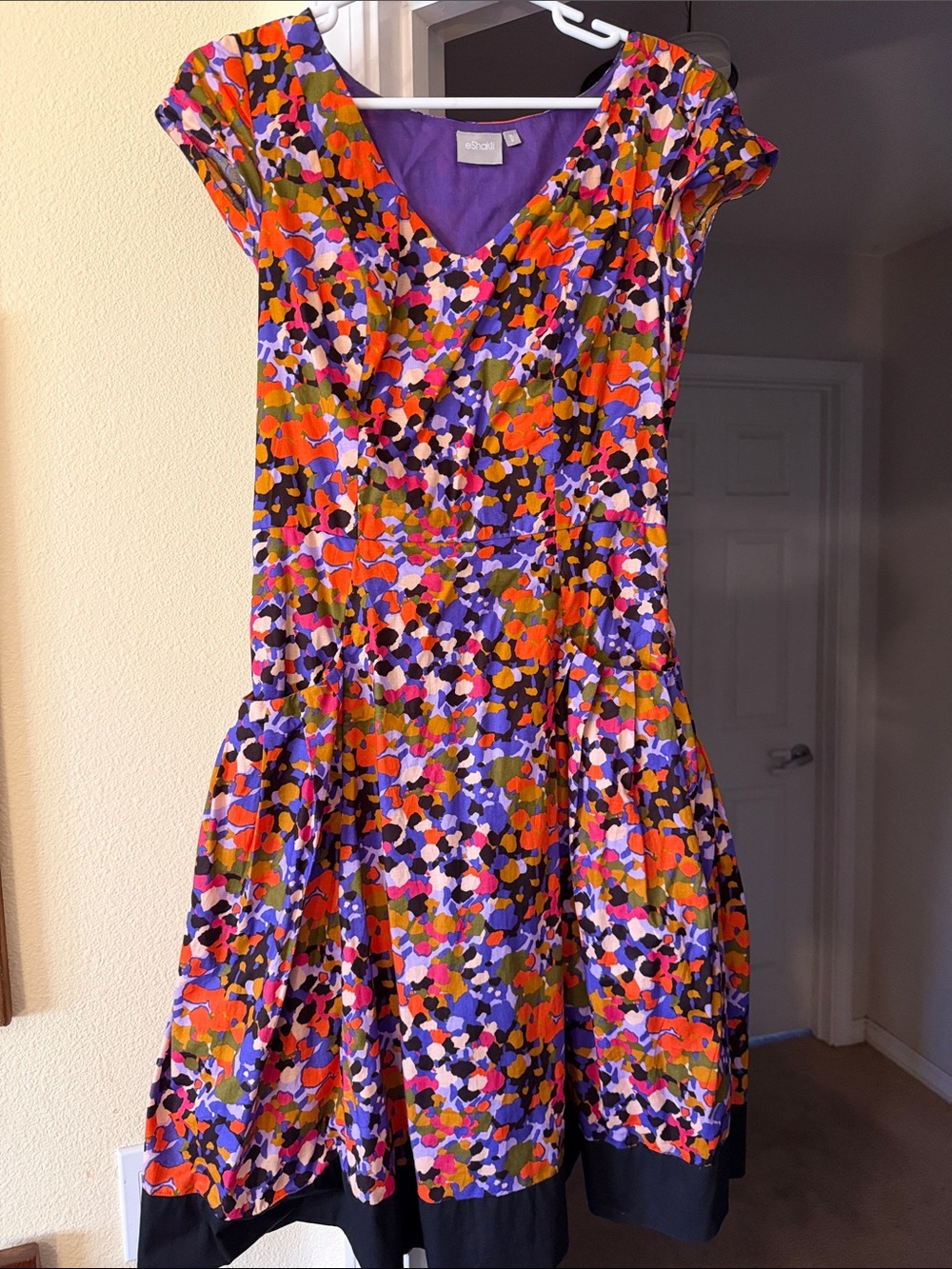 EShakti Purple Multi Floral Cap-Sleeve Fit & Flare Dress